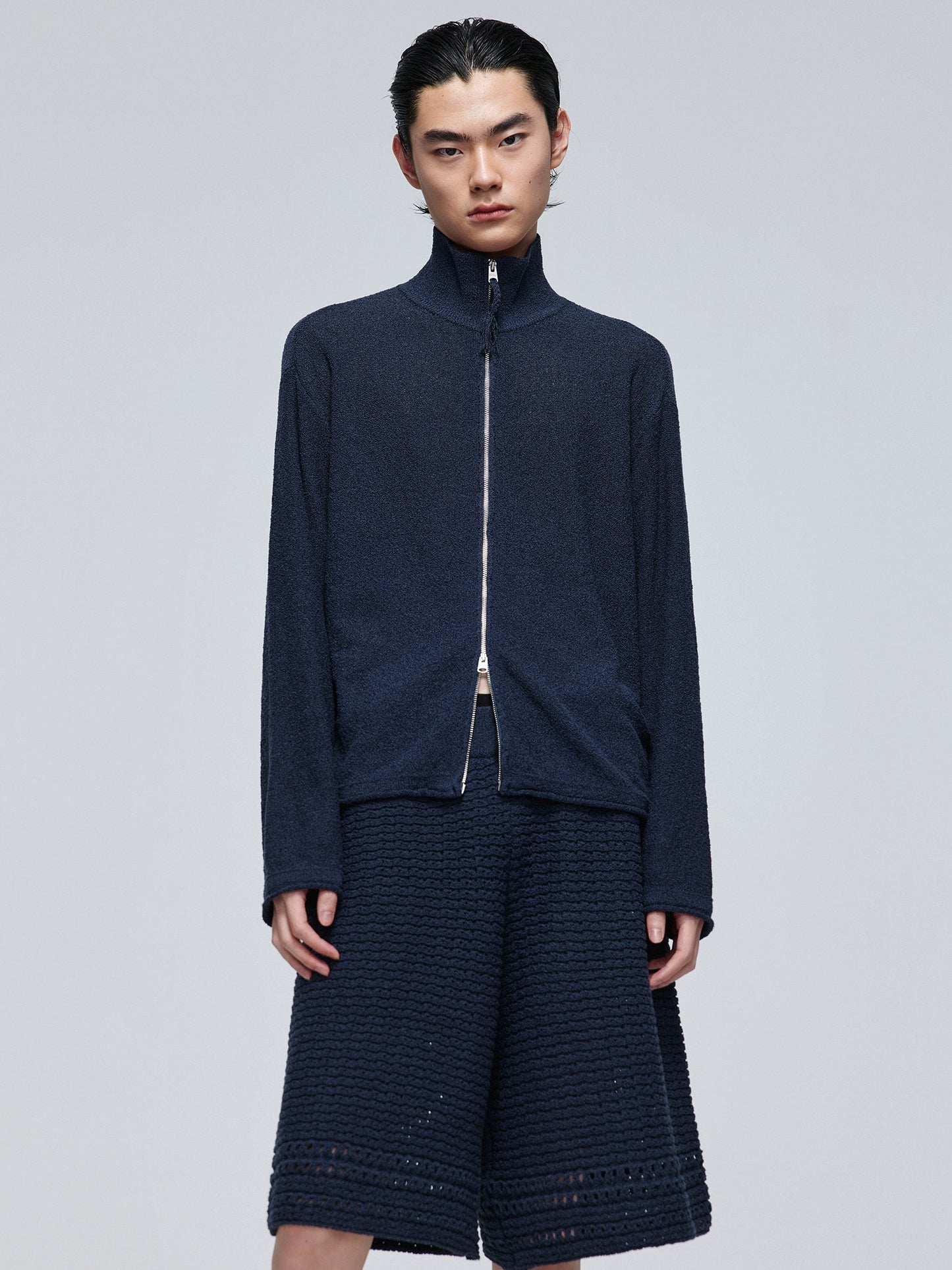 Simple Project High-neck zip-up knit jacket