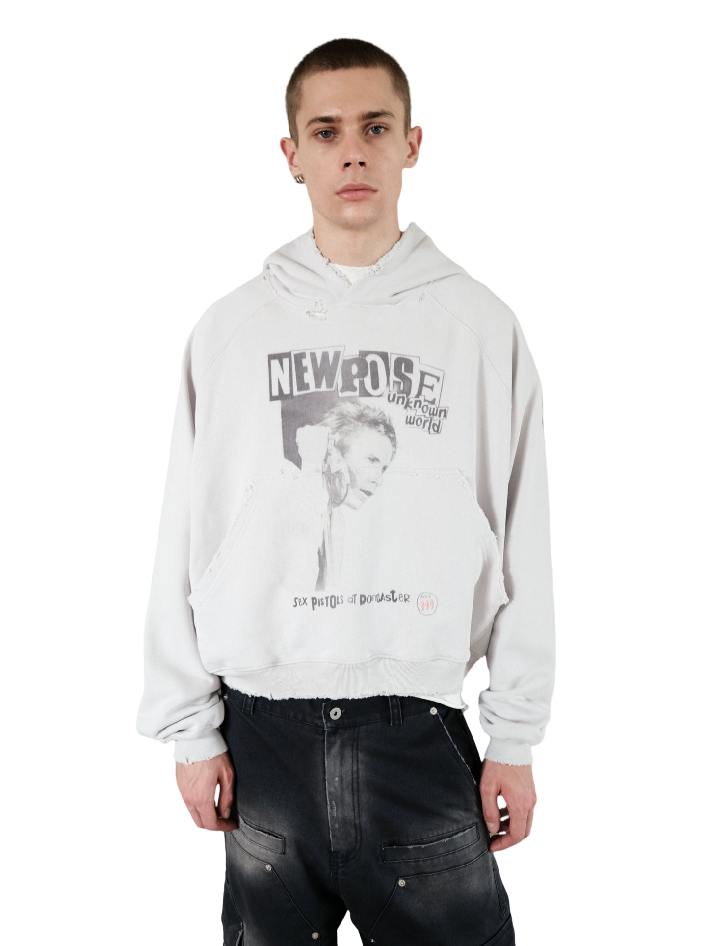 UNKNOWNWORLD 24FW WASHED DISTRESSED DESTRUCTION SIX PISTOLS PUNK PRINT HOODED SWEATSHIRT