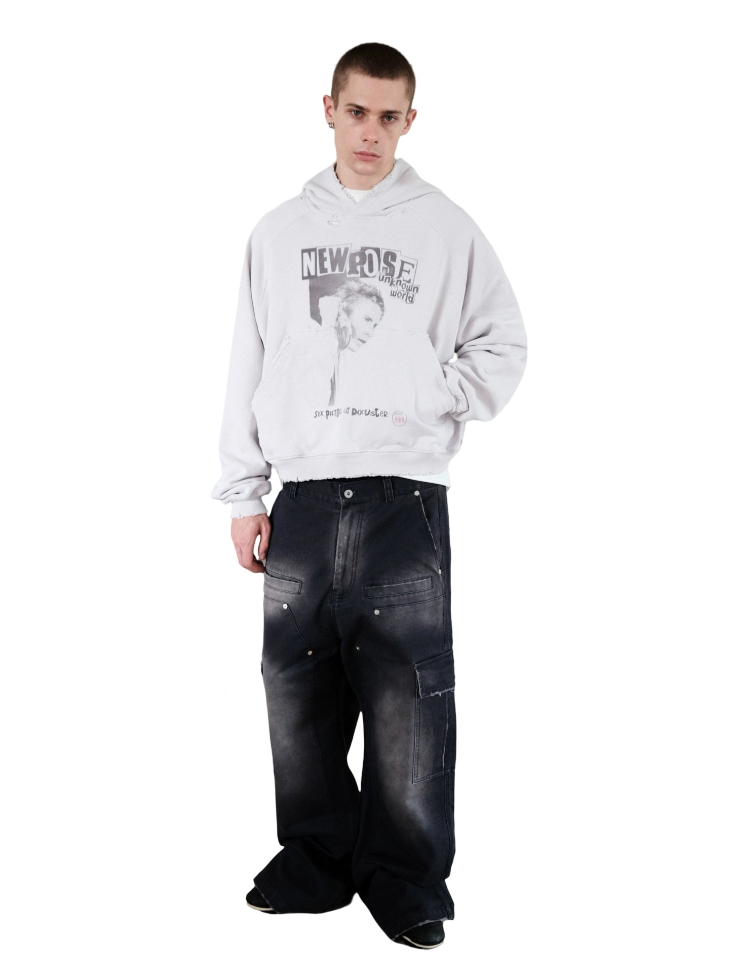 UNKNOWNWORLD 24FW WASHED DISTRESSED DESTRUCTION SIX PISTOLS PUNK PRINT HOODED SWEATSHIRT